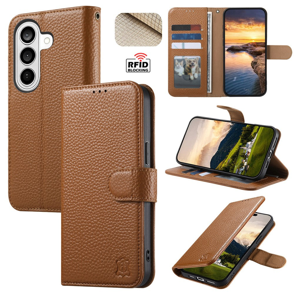 Split Leather Flip Cover For Samsung Galaxy S24 FE Case RFID Blocking Wallet with Magnetic Clasp - Image 17